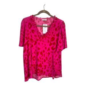 Jodiful Pink Red Animal Leopard Print Swing Top with Ruffle. sz SM
